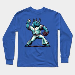 Throwback rhino pitcher - Vintage 1990s Cartoon Style Baseball Art Long Sleeve T-Shirt